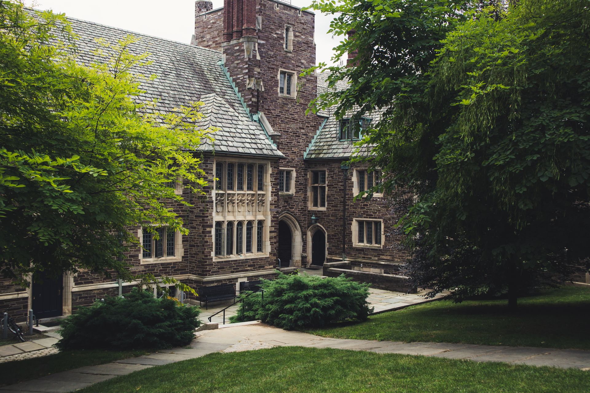 University campus path and collegiate buildings