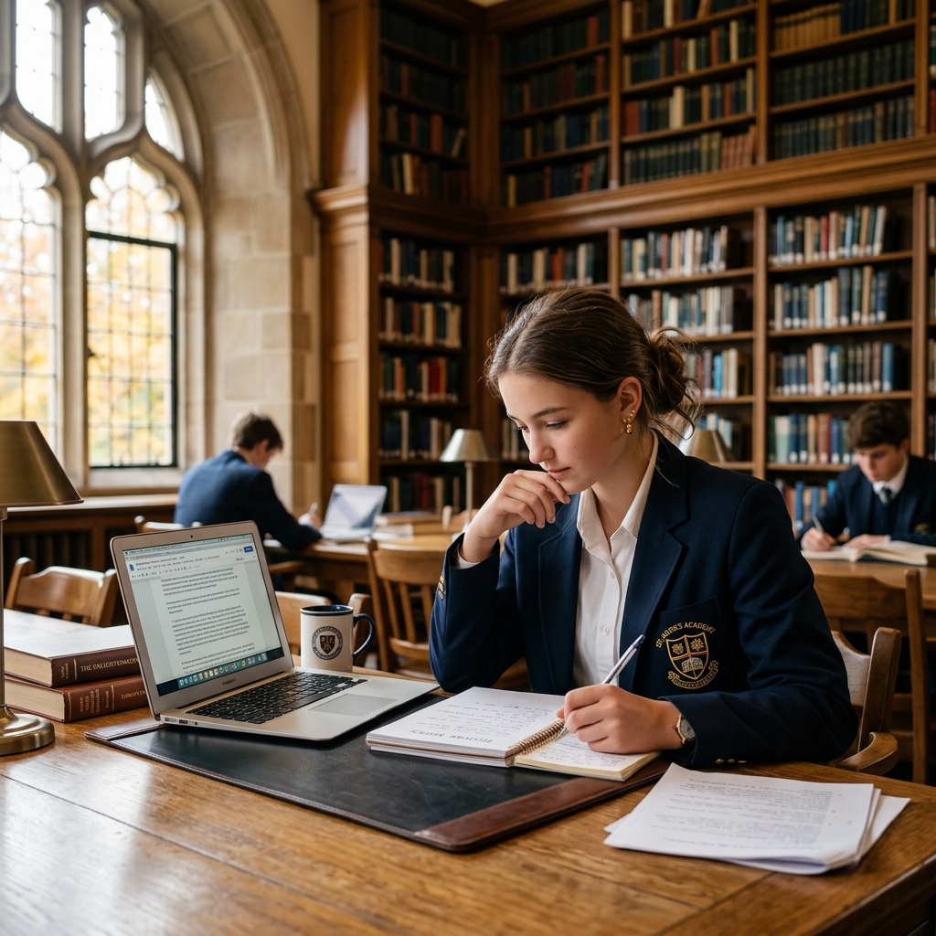 Private school student preparing application materials in a library