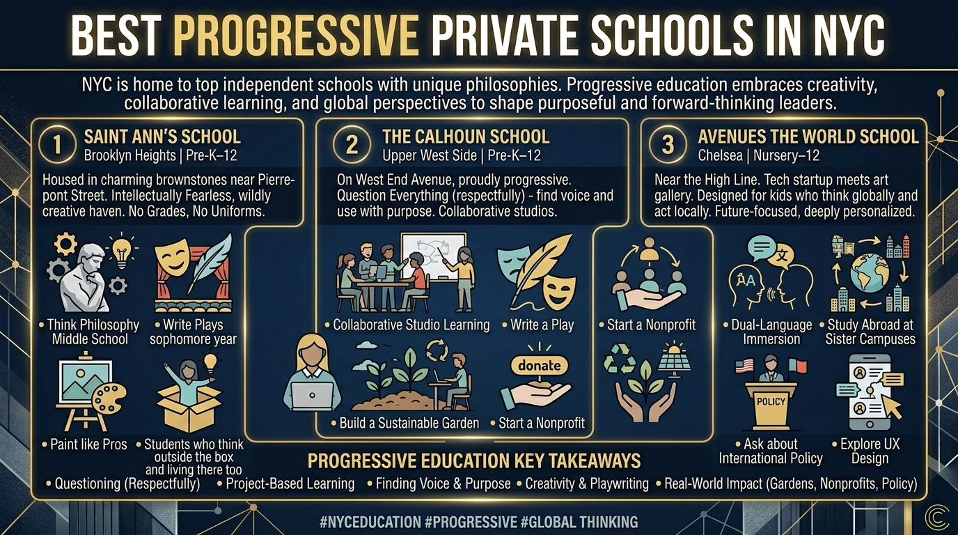 This infographic profiles and compares top progressive private schools in New York City, including Saint Ann's School in Brooklyn Heights, The Calhoun School on the Upper West Side, and Avenues The World School in Chelsea. The guide highlights the unique educational approaches for NYC families researching no-grades systems, collaborative learning, dual-language immersion, and global study programs.