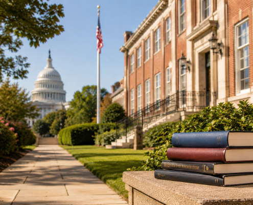 Elegant private school campus with red-brick buildings, landscaped walkway, books in foreground, and the U.S. Capitol dome in the background.