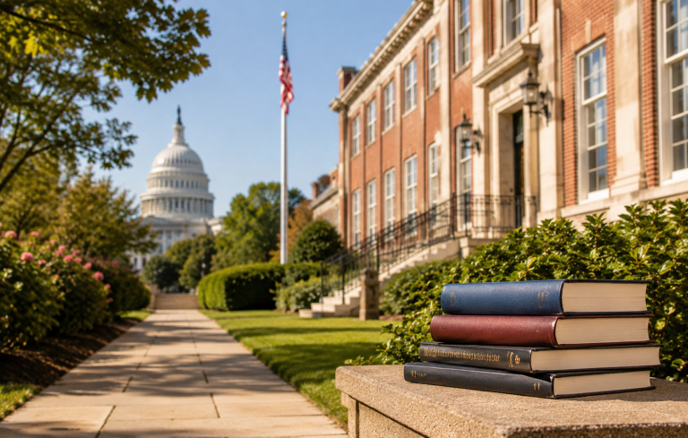 Elegant private school campus with red-brick buildings, landscaped walkway, books in foreground, and the U.S. Capitol dome in the background.