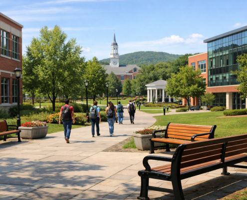 Wide view of a sunny school campus with tree-lined walkway, benches, and students walking away in the distance