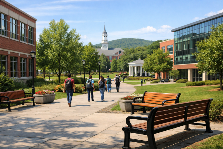 Wide view of a sunny school campus with tree-lined walkway, benches, and students walking away in the distance