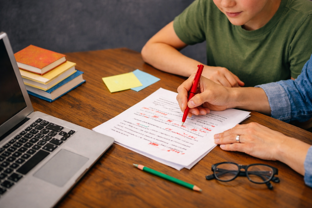 Parent helping a child revise a printed essay with handwritten corrections at a desk.