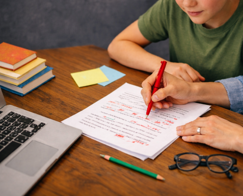 Parent helping a child revise a printed essay with handwritten corrections at a desk.