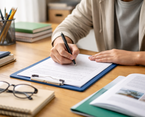Person writing on a clipboard at a tidy desk with books, glasses, and a pen holder in soft natural light.