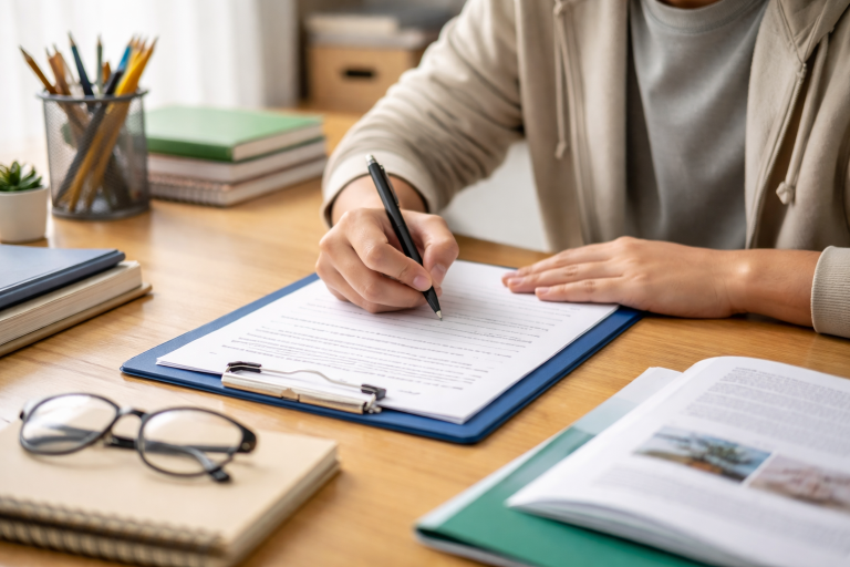 Person writing on a clipboard at a tidy desk with books, glasses, and a pen holder in soft natural light.