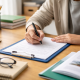 Person writing on a clipboard at a tidy desk with books, glasses, and a pen holder in soft natural light.