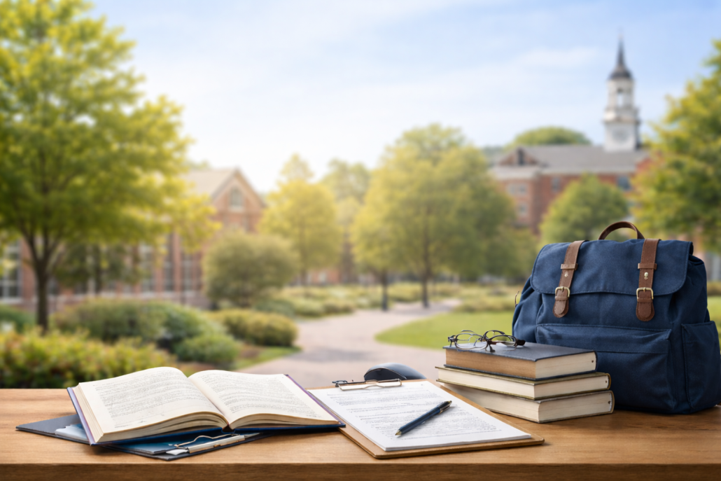 Open books, clipboard, and blue backpack arranged on a wooden table with a blurred boarding school campus in the background.
