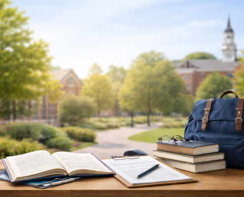 Open books, clipboard, and blue backpack arranged on a wooden table with a blurred boarding school campus in the background.