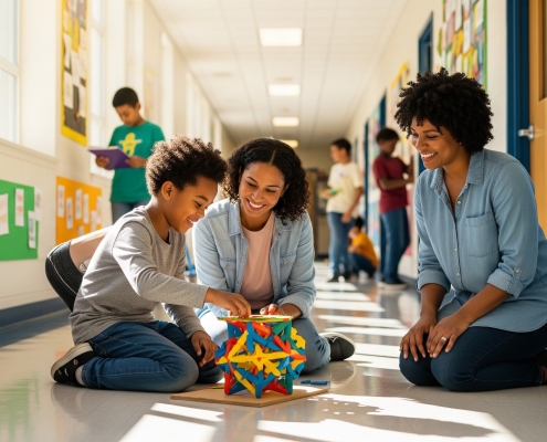 Teachers assisting a student with a hands-on classroom activity in a school hallway.