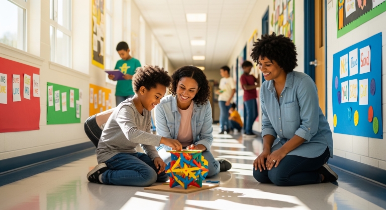 Teachers assisting a student with a hands-on classroom activity in a school hallway.