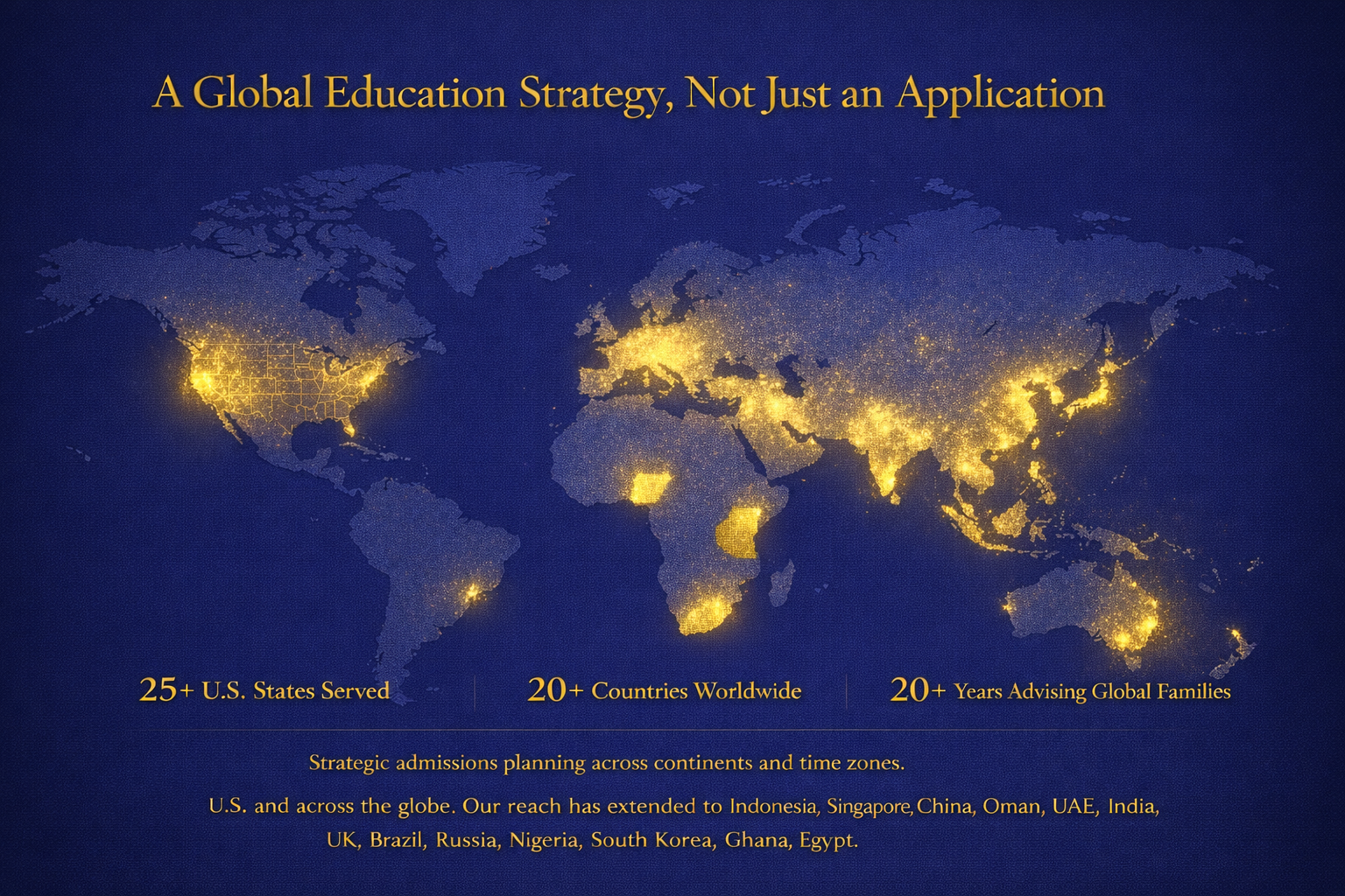 Global admissions consulting infographic showing Cardinal Education’s worldwide reach, including 25+ U.S. states and 20+ countries across North America, Europe, Asia, and the Middle East.