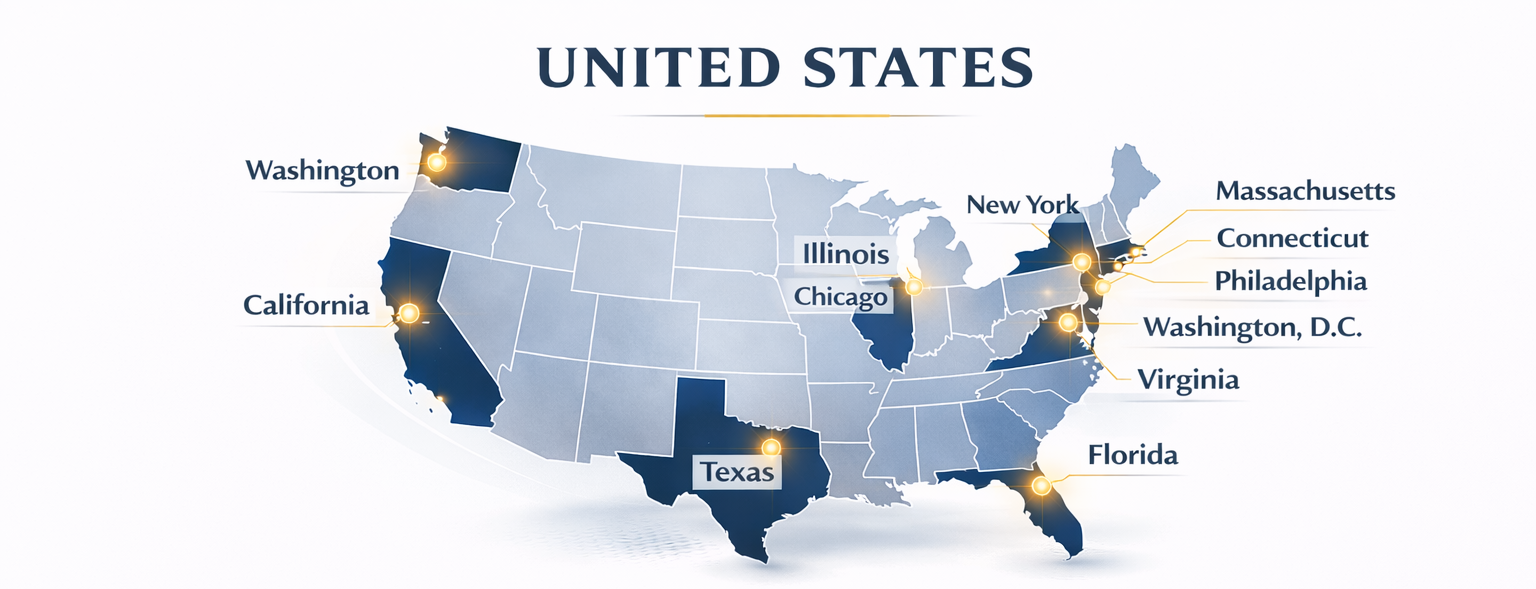 United States infographic map highlighting major service regions for private school and college admissions consulting, including California, Texas, the Northeast, and Washington, D.C.