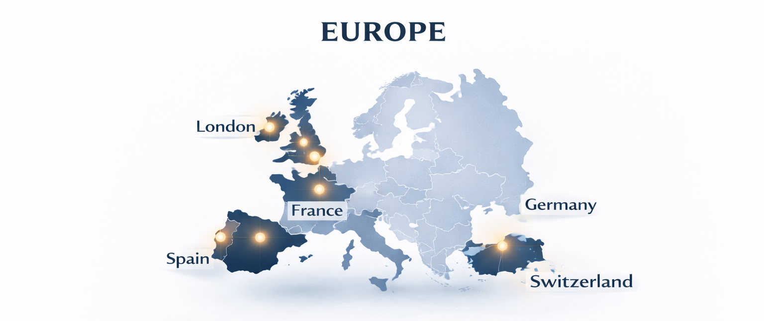 Europe admissions consulting infographic highlighting key regions including London, Switzerland, France, Spain, and Germany for U.S. private school and college admissions consulting.