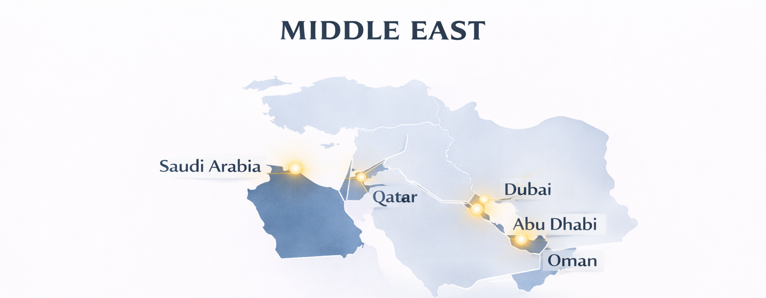 Middle East admissions consulting infographic highlighting Dubai, Abu Dhabi, Saudi Arabia, Qatar, and Oman for U.S. private school and college admissions consulting services.
