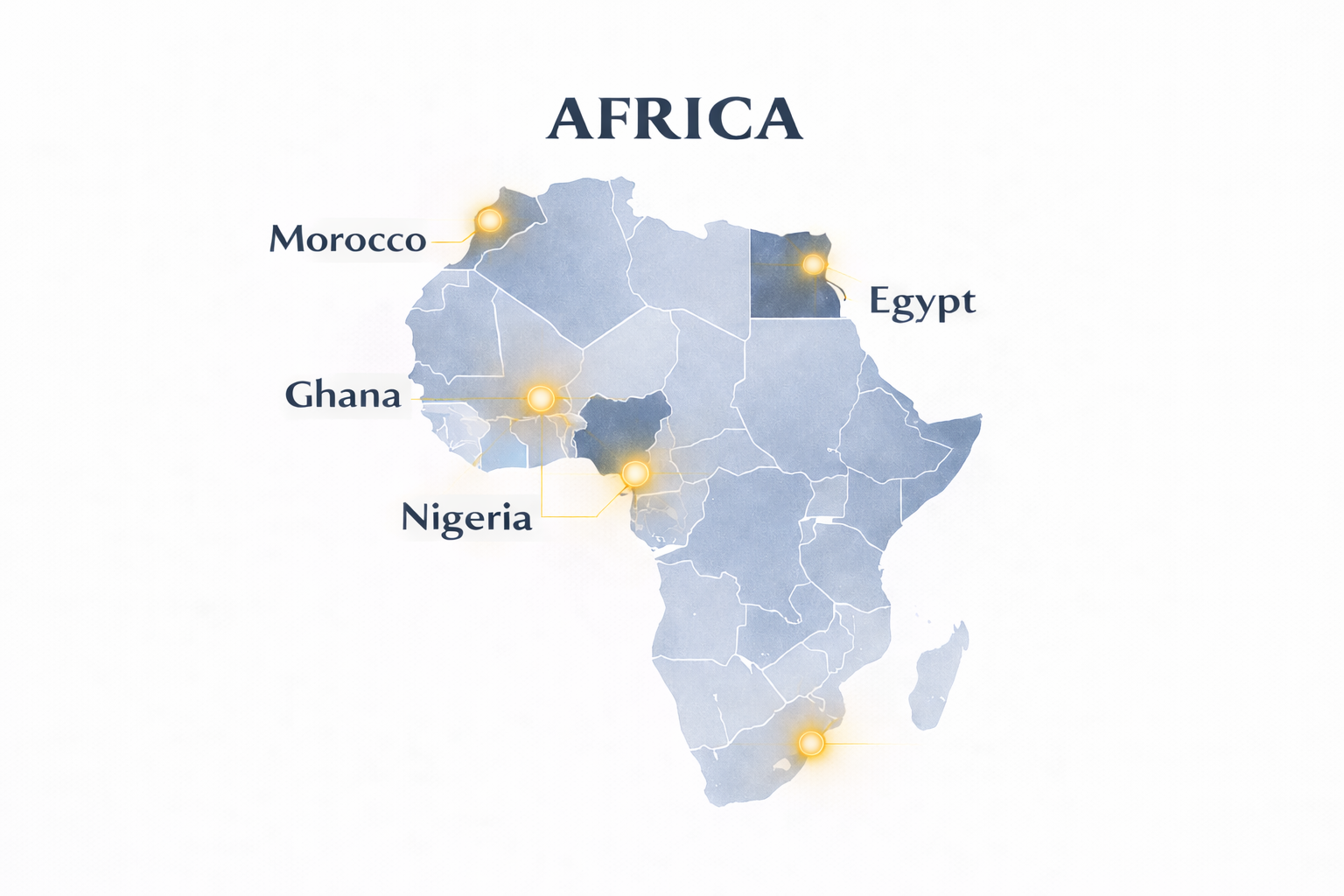 Infographic-style map of Africa highlighting Morocco, Ghana, Nigeria, and Egypt with glowing markers and labeled country names under the heading “AFRICA.”