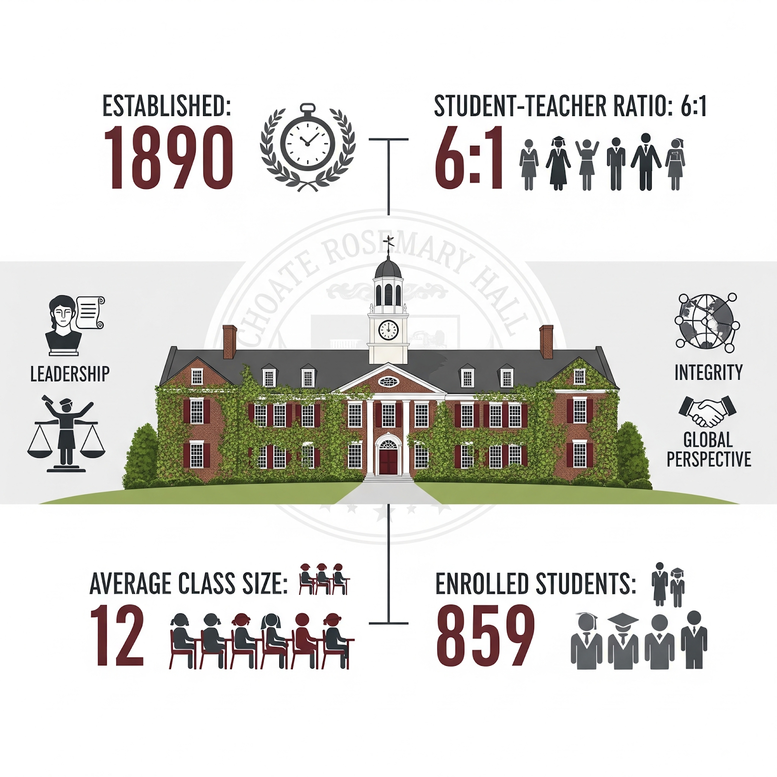 An infographic for Choate Rosemary Hall featuring a central illustration of a traditional brick school building with a clock tower and ivy-covered walls. The infographic is designed in a color palette of maroon, grey, and dark green.