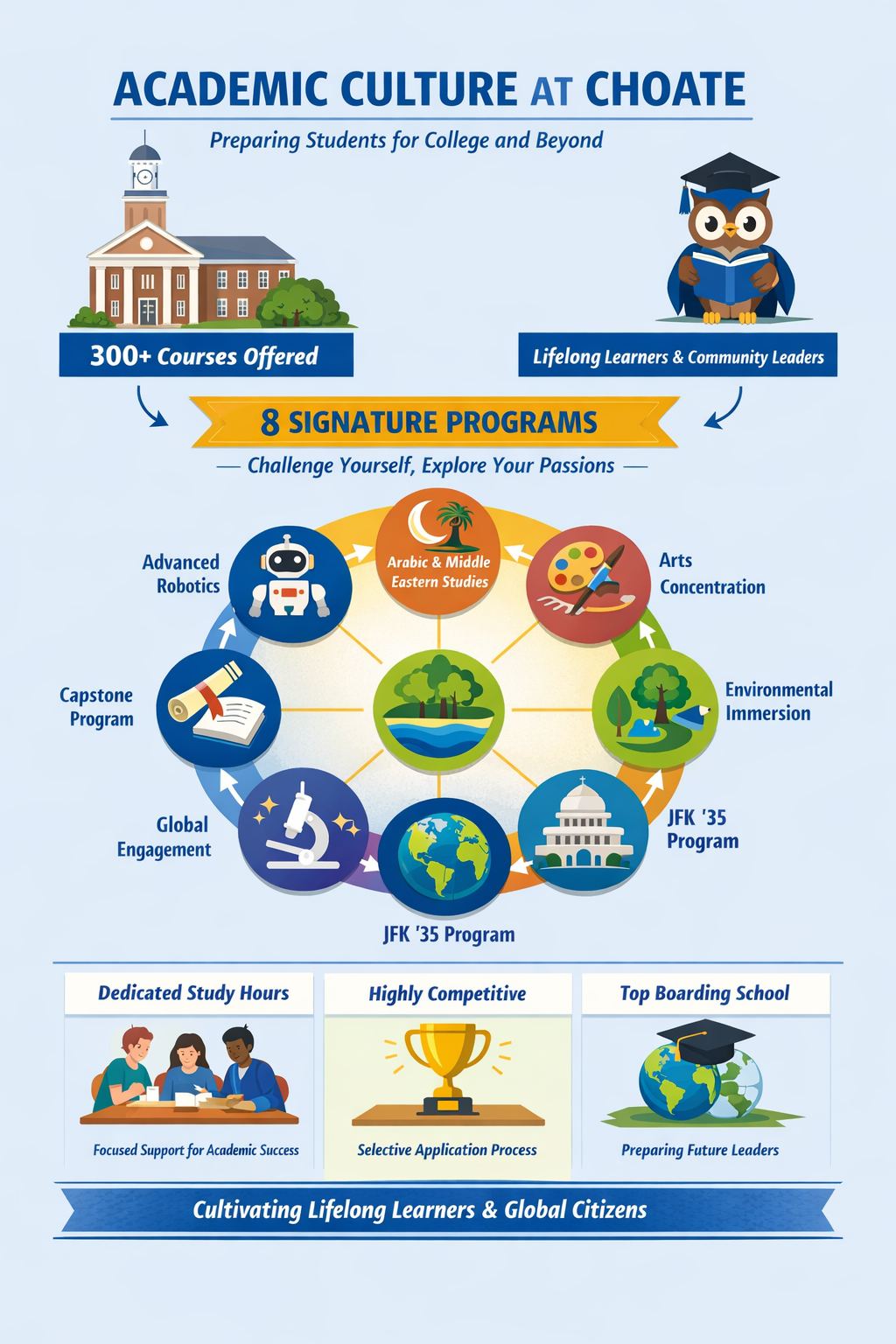 Infographic titled “Academic Culture at Choate” highlighting 300+ courses offered, eight signature programs arranged in a circular diagram, dedicated study hours, and the school’s focus on developing lifelong learners and global citizens.