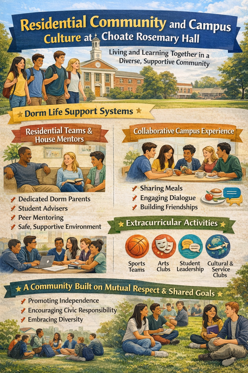 Infographic titled “Residential Community and Campus Culture at Choate Rosemary Hall” showing dorm life support systems, residential teams and house mentors, collaborative campus experiences, extracurricular activities such as sports and arts, and a community focused on independence, civic responsibility, diversity, and mutual respect.