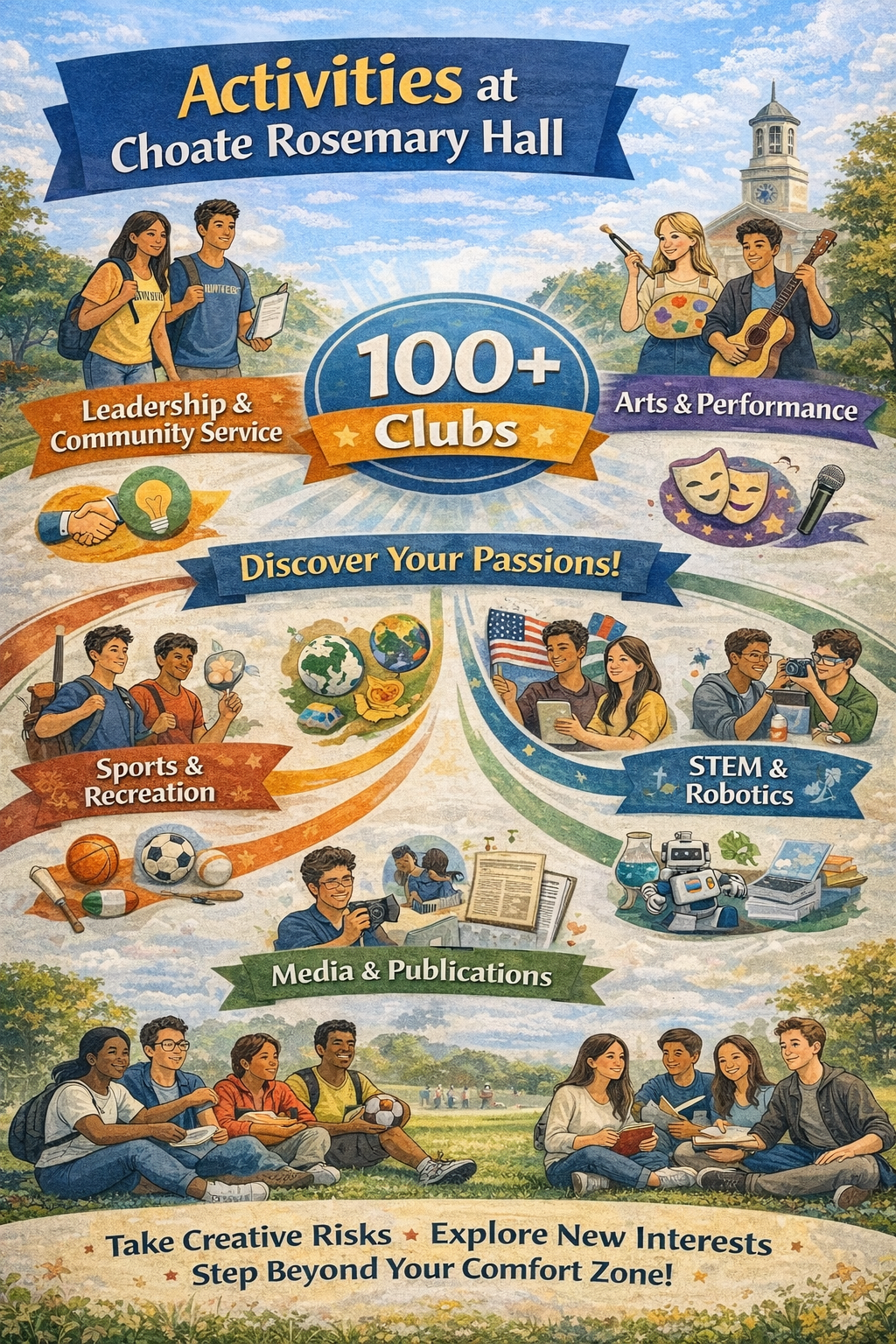 Infographic titled “Activities at Choate Rosemary Hall” highlighting 100+ clubs across leadership and community service, arts and performance, sports and recreation, STEM and robotics, and media and publications, emphasizing opportunities for students to explore passions, take creative risks, and step beyond their comfort zones.