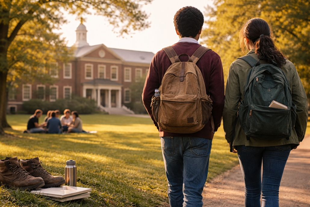 Two students with backpacks walking across a boarding school campus lawn toward a brick academic building, symbolizing authenticity and everyday student life.