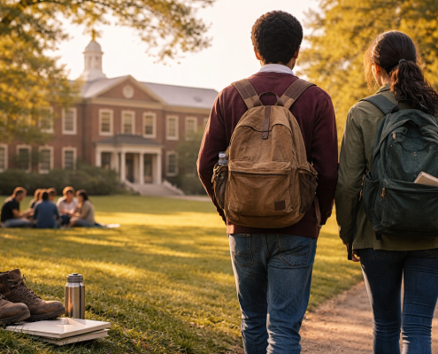 Two students with backpacks walking across a boarding school campus lawn toward a brick academic building, symbolizing authenticity and everyday student life.