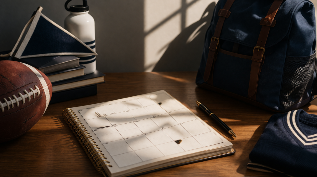 Athletic-themed study setup with a planner calendar on a wooden desk, surrounded by a football, backpack, books, and water bottle in warm sunlight, symbolizing student-athlete scheduling and commitment deadlines.