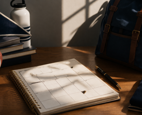 Athletic-themed study setup with a planner calendar on a wooden desk, surrounded by a football, backpack, books, and water bottle in warm sunlight, symbolizing student-athlete scheduling and commitment deadlines.