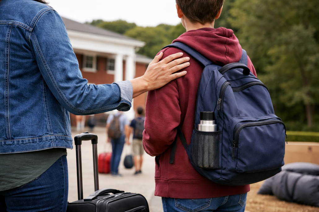 Parent placing a reassuring hand on a teenager’s shoulder during boarding school drop-off, with luggage and campus buildings in the background