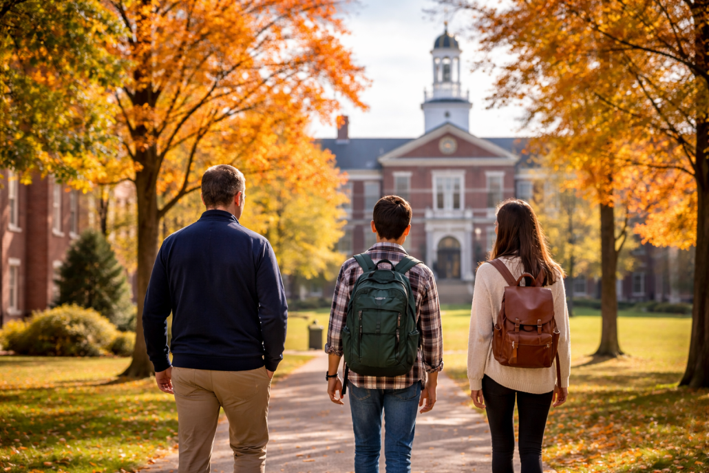 Tree-lined boarding school campus walkway leading to a classic academic building with autumn foliage and student backpacks visible from behind.