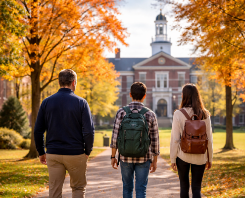 Tree-lined boarding school campus walkway leading to a classic academic building with autumn foliage and student backpacks visible from behind.
