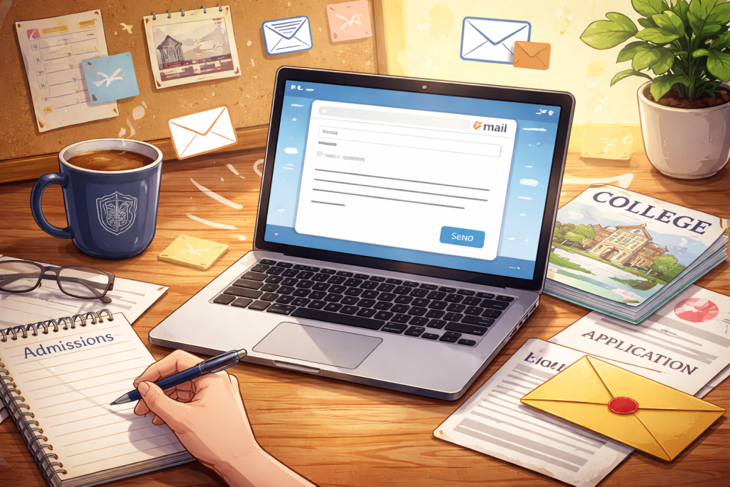 Student composing an email to a college admissions office on a laptop, surrounded by application materials and notes on a desk, symbolizing demonstrated interest in the admissions process.