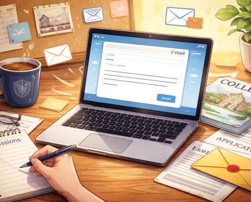 Student composing an email to a college admissions office on a laptop, surrounded by application materials and notes on a desk, symbolizing demonstrated interest in the admissions process.