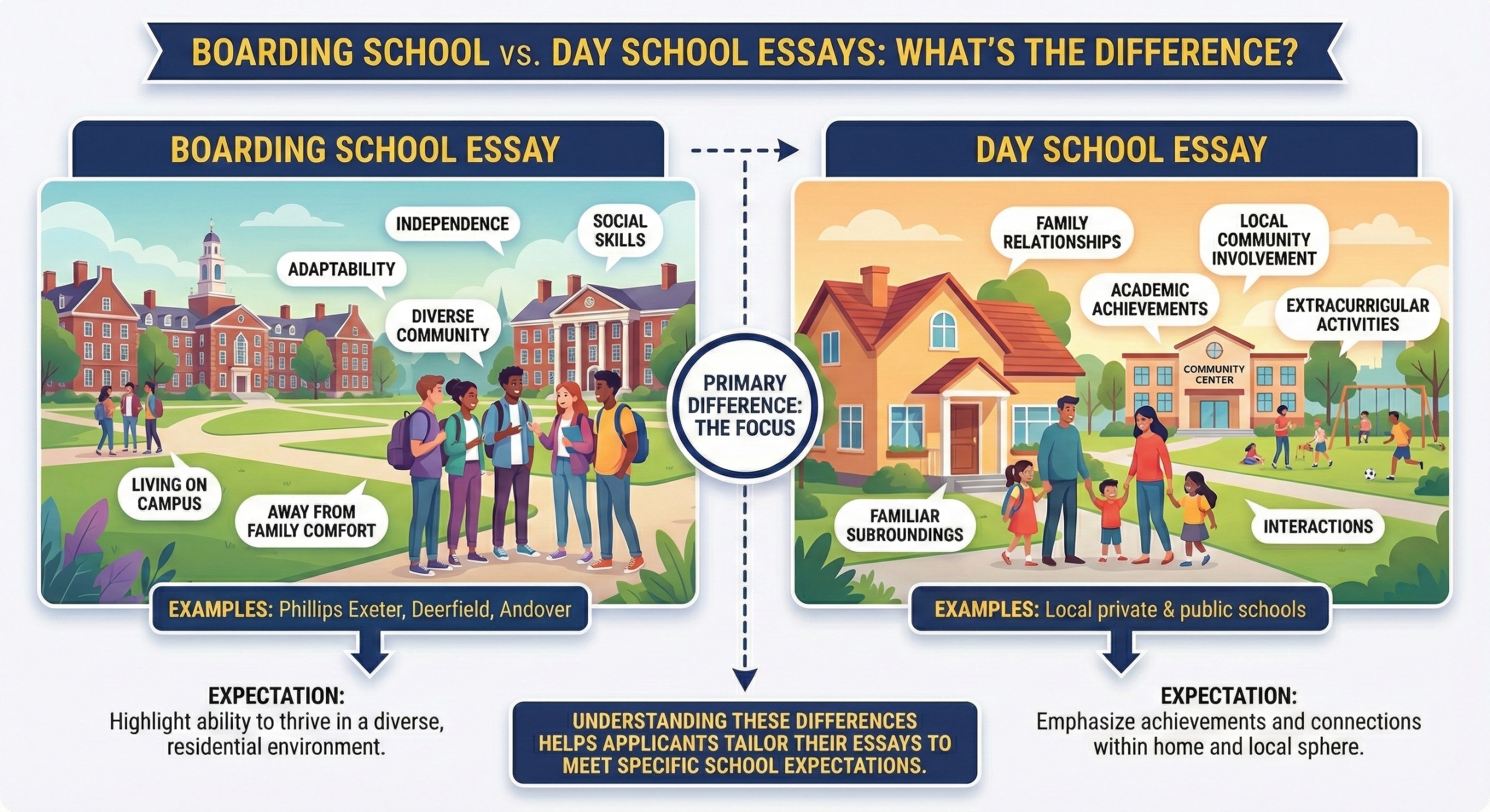 Illustrated infographic comparing boarding school and day school application essays. Boarding school essays emphasize independence, adaptability, diverse communities, and living on campus, while day school essays focus on family relationships, local community involvement, academics, and extracurricular activities.