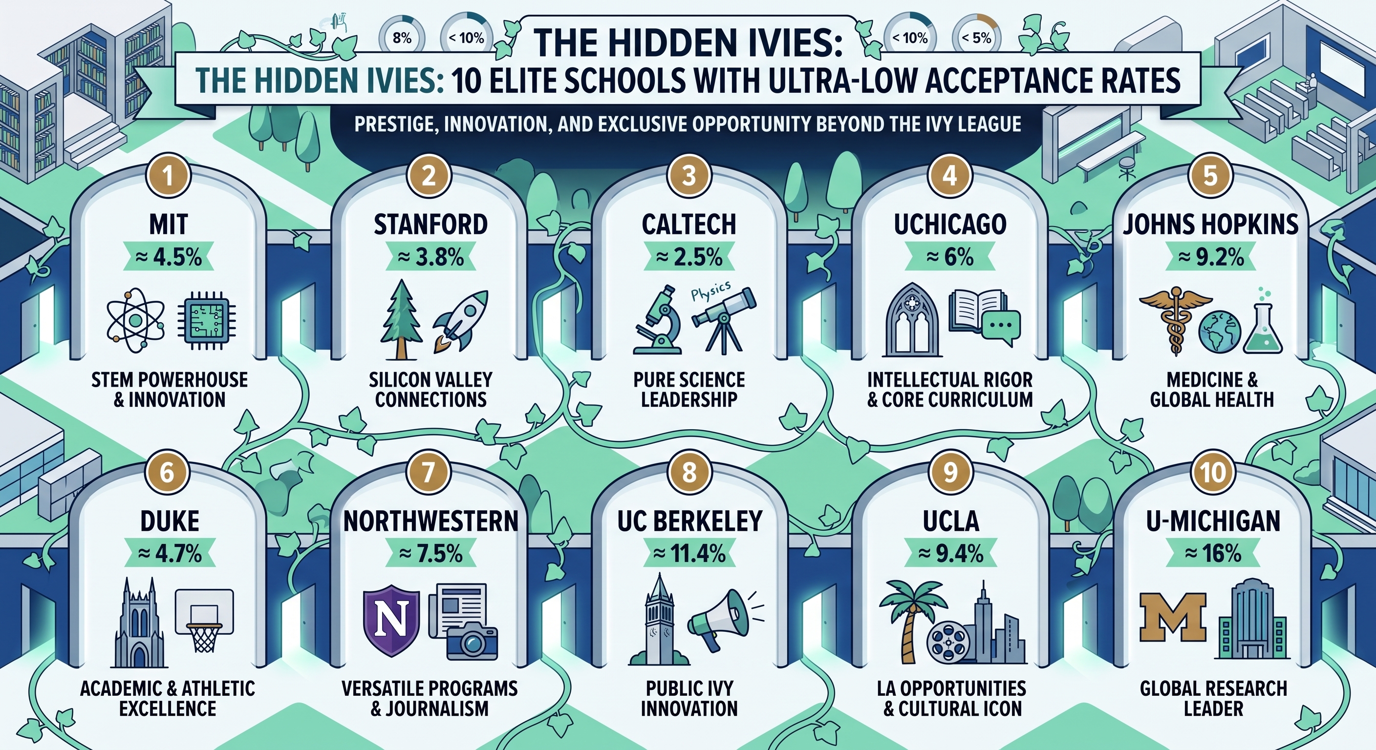 Infographic by Cardinal Education, leading college admissions consultants with offices in New York City, Los Angeles, and the San Francisco Bay Area, highlighting ultra-low acceptance rates at top-tier universities. The custom blue and yellow branded graphic showcases elite academic counseling insights for students aiming for competitive college applications.