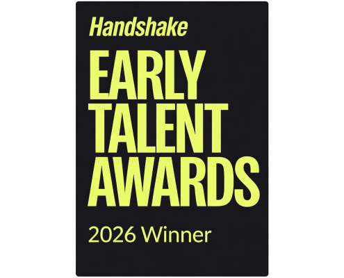 Handshake Early Talent Awards badge with neon yellow text on a dark background reading “Handshake Early Talent Awards – 2026 Winner.”