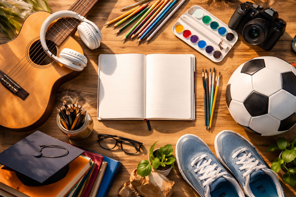 Flat lay of diverse hobbies including a guitar, soccer ball, art supplies, camera, and open notebook arranged on a wooden desk.
