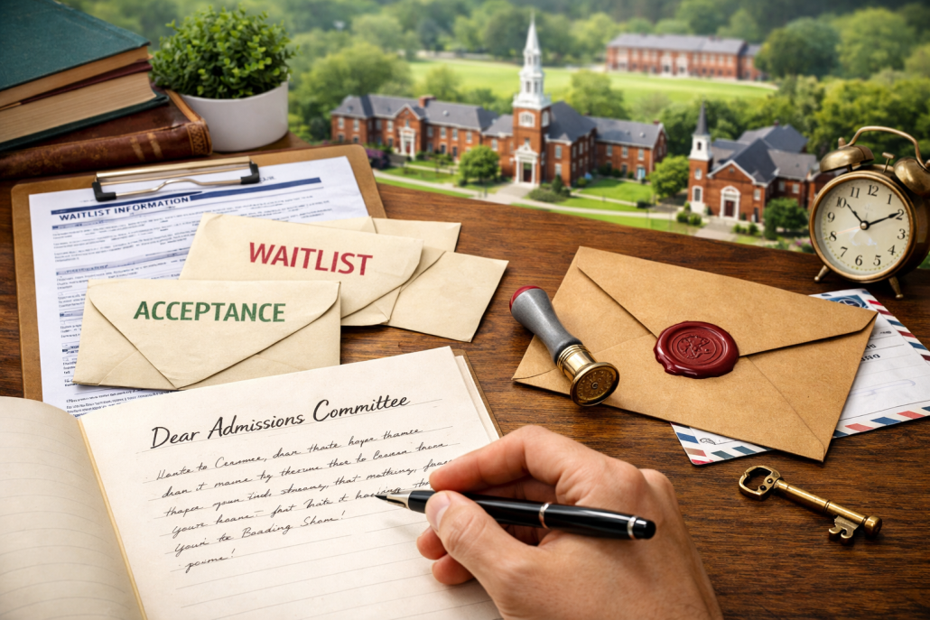 Close-up of a student writing a letter of continued interest on cream paper, with envelopes and application materials placed on a wooden desk, symbolizing the boarding school admissions process.