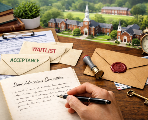 Close-up of a student writing a letter of continued interest on cream paper, with envelopes and application materials placed on a wooden desk, symbolizing the boarding school admissions process.