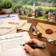 Close-up of a student writing a letter of continued interest on cream paper, with envelopes and application materials placed on a wooden desk, symbolizing the boarding school admissions process.