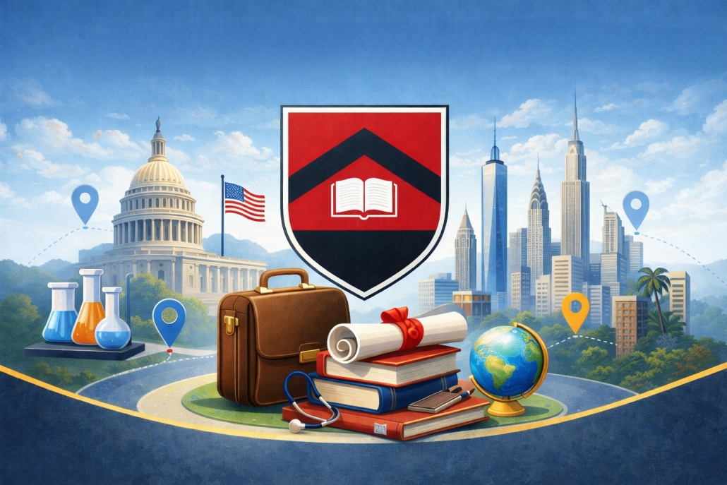 Illustration of a school crest above stacked books, a diploma scroll, briefcase, globe, and science flasks, with government and city buildings in the background and location pins symbolizing alumni careers and achievements around the world.