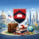 Illustration of a school crest above stacked books, a diploma scroll, briefcase, globe, and science flasks, with government and city buildings in the background and location pins symbolizing alumni careers and achievements around the world.