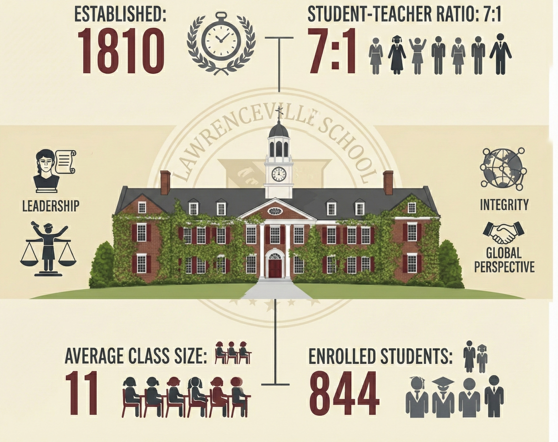 An infographic detailing key statistics and values for Lawrenceville School. The center features an illustration of a classic, ivy-covered red brick academic building with a white clock tower, backed by a faint circular seal reading 