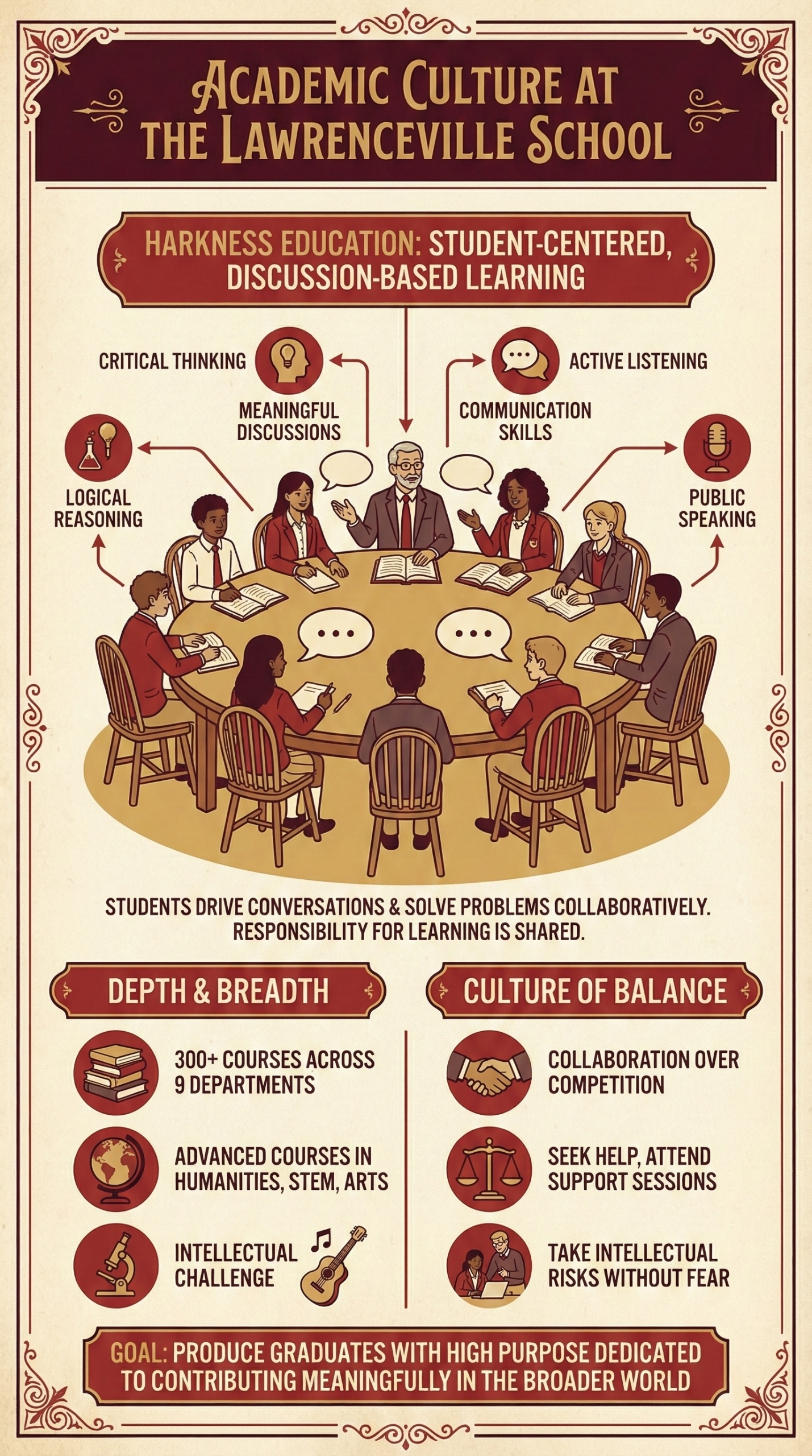 A vintage-style red and cream infographic poster titled 'Academic Culture at The Lawrenceville School.' It features an illustration of the Harkness Education method and highlights key aspects including developing skills beyond content, a wide breadth of courses, and a culture of balance between academic rigor and collaboration.