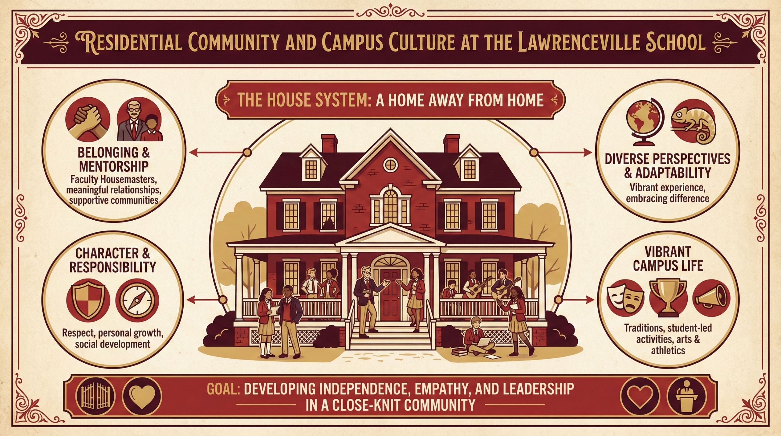 Infographic showing the residential community at The Lawrenceville School, centered on the House System with themes of mentorship, character, diversity, and vibrant campus life, highlighting student growth in independence, empathy, and leadership.