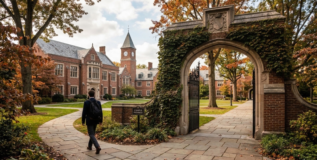 A student wearing a blazer and backpack walks along a winding stone path toward the historic red-brick buildings of an elite boarding school campus. The scene features a grand stone archway covered in ivy, lush green lawns, and vibrant autumn foliage, evoking a prestigious and scholarly atmosphere.
