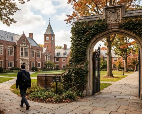 A student wearing a blazer and backpack walks along a winding stone path toward the historic red-brick buildings of an elite boarding school campus. The scene features a grand stone archway covered in ivy, lush green lawns, and vibrant autumn foliage, evoking a prestigious and scholarly atmosphere.