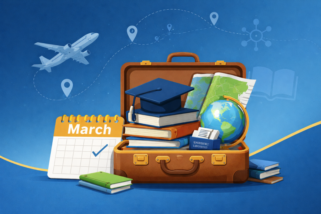 Illustration of a travel suitcase filled with books, a graduation cap, and a globe, with maps and travel pins in the background and an airplane flying along a dotted route, symbolizing planning travel for school acceptance or campus revisit events.