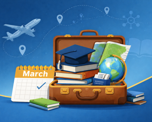 Illustration of a travel suitcase filled with books, a graduation cap, and a globe, with maps and travel pins in the background and an airplane flying along a dotted route, symbolizing planning travel for school acceptance or campus revisit events.